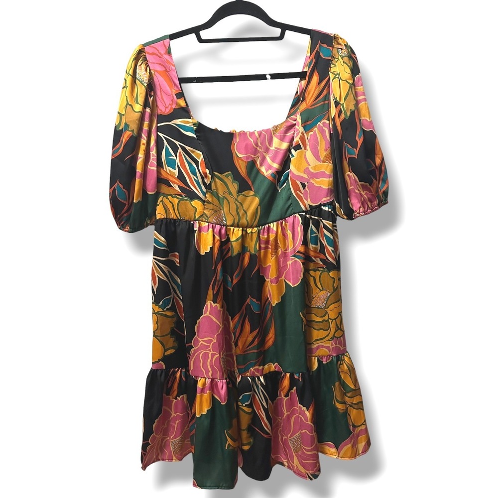 BUCKETLIST Tiered Floral Puff Sleeve Babydoll Satin Mini Dress S Boho Cottage